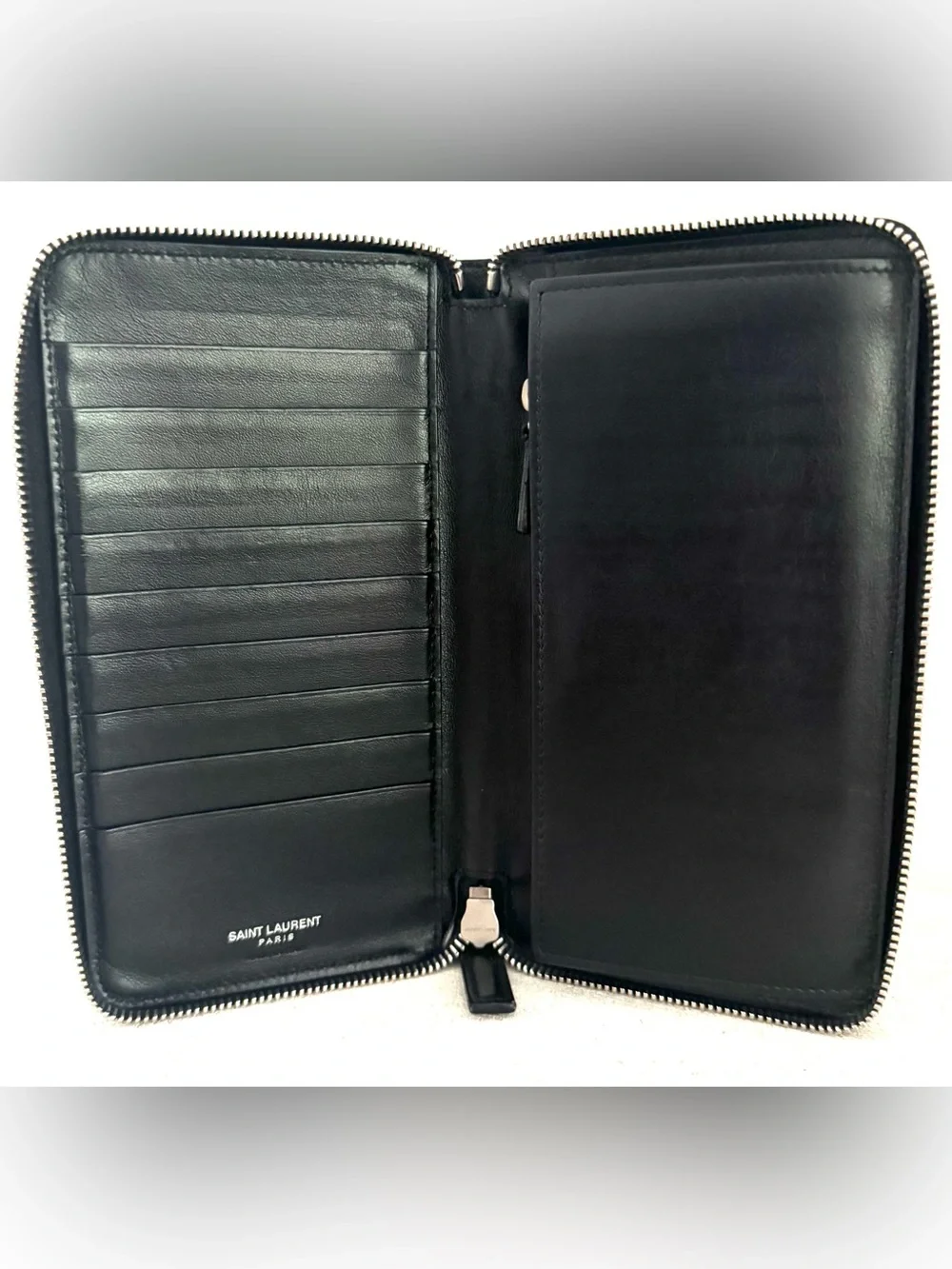 SAINT LAURENT Black Leather Zip Around Organizer Travel Wallet YSL EUC - Picture 3 of 8